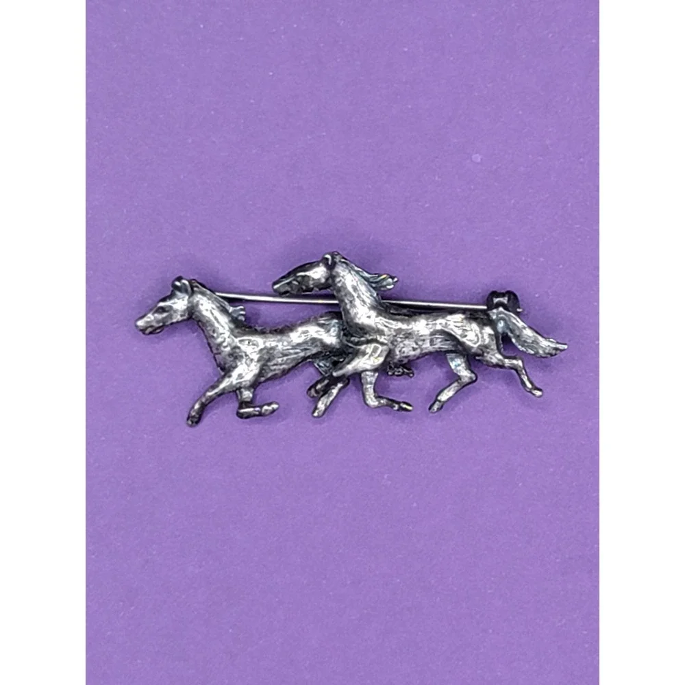 Vintage Zentall Three Running Horses Silver Tone Brooch